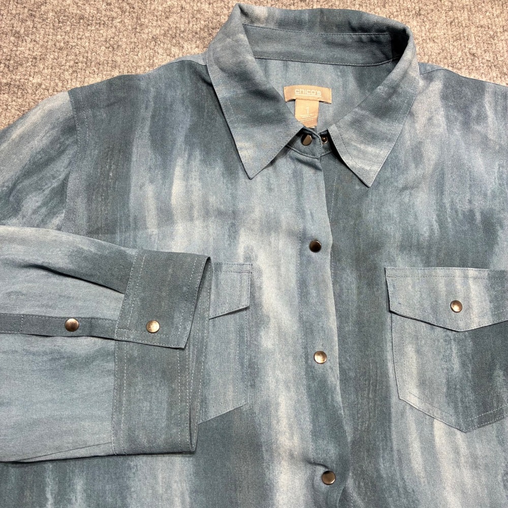 Chicos Womens Blouse Blue Tie Dye Button Up Short Sleeve Shirt Sz.1